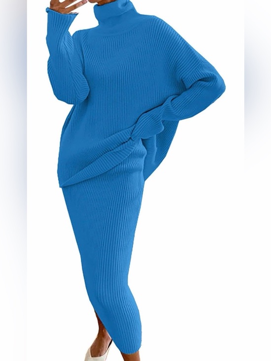 Dresses & Skirts - bright blue Ribbed Knit Skirt set  high-waisted midi skirt &  turtleneck sweater